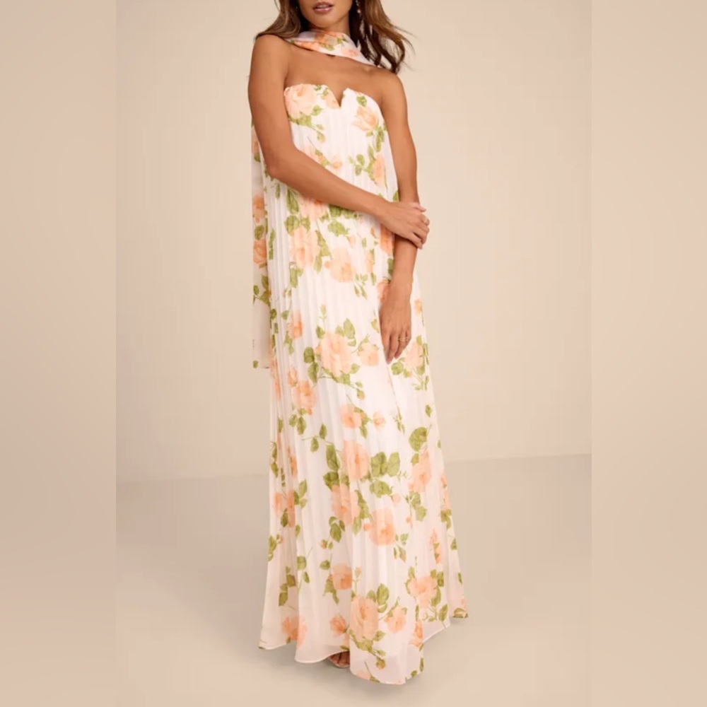 Lulu's Lael White Floral Pleated Strapless Dress and Scarf Set